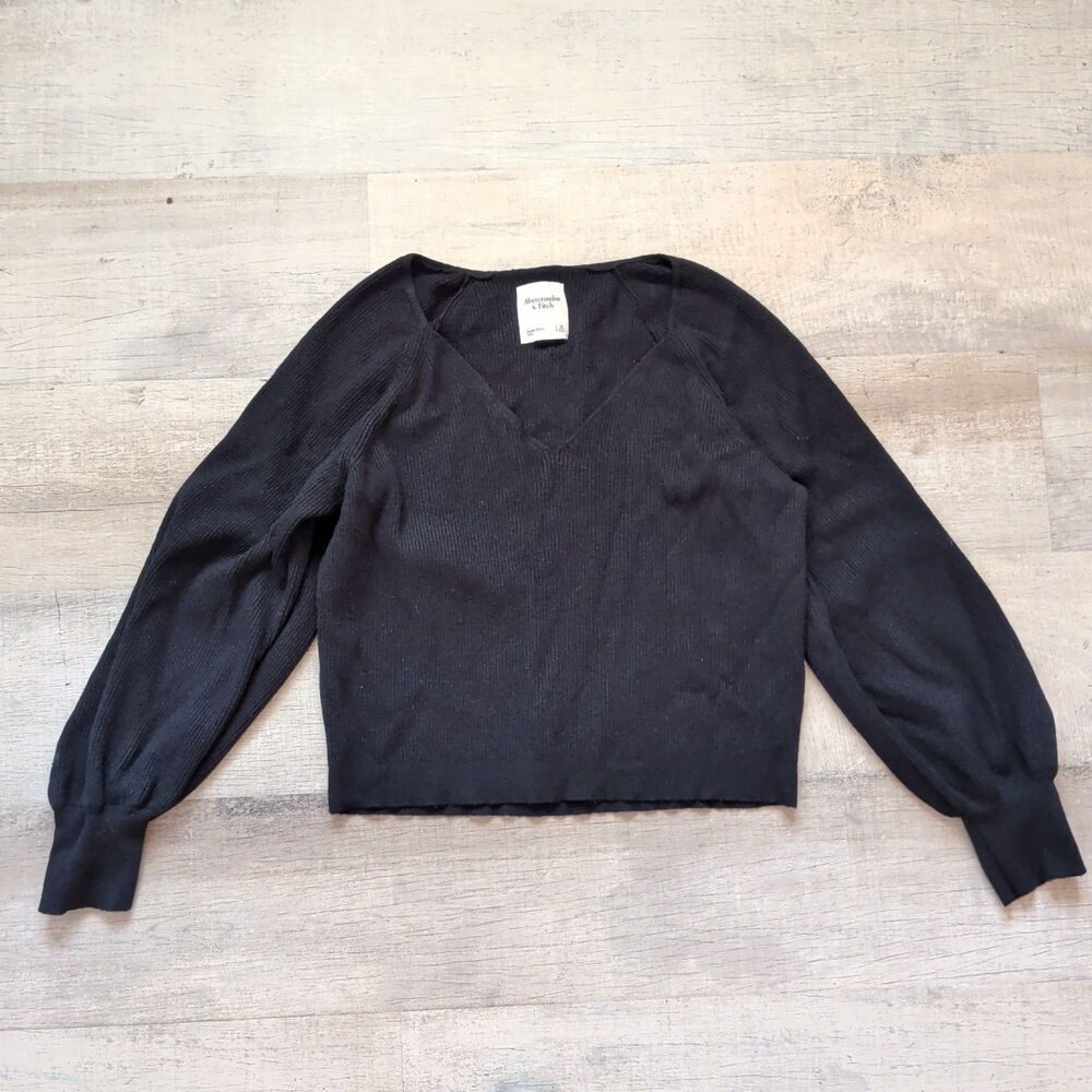 Abercrombie & Fitch Black Ribbed V-Neck Balloon Sleeve Sweater Top Size XL